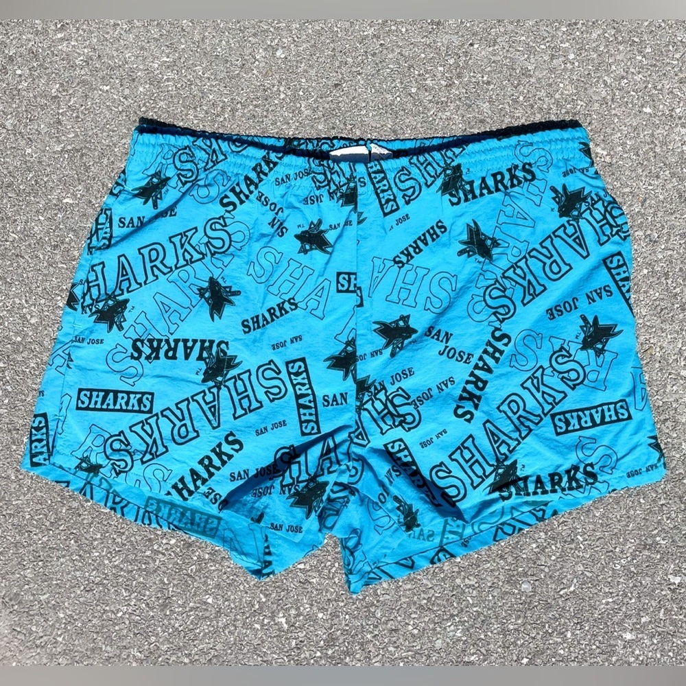 San Jose Sharks Vtg 1990s NHL Logo AOP Ravens Swim Trunks Shorts Men's Size (XL)